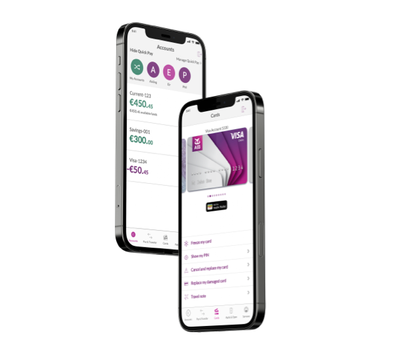 Two phones showing off the Accounts and cards pages on the AIB mobile app.